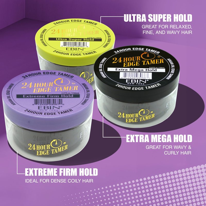 EBIN NEW YORK 24 Hour Edge Tamer Extreme Firm Hold 4.0Fl Oz Strong Edge Control Gel, No Flaking, Sleek Smooth Finish, Long Lasting, Argan & Castor Oil