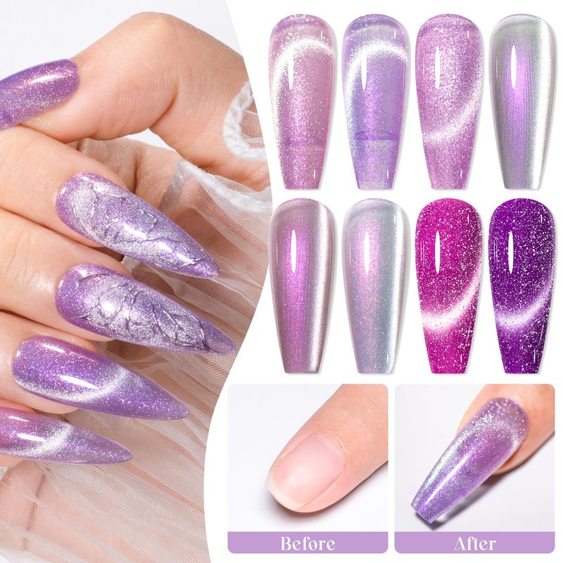 MTSSII Violet Cat Eye Gel Nail Polish Set 8Pcs Glitter Gel Nail Polish Kit with Magnet Shimmer Purple Nail Polish Set Salon Gel Manicure DIY Gift