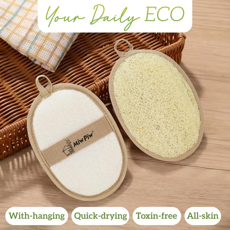 Miw Piw Natural Loofah Exfoliating Body Scrubber, Loofah Bath Sponge, Luffa for Women and Men, 100% Biodegradable Compostable, Dye Free, Zero Waste Eco Friendly Sustainable (Pack 2-4.7" x 6.3" Each)