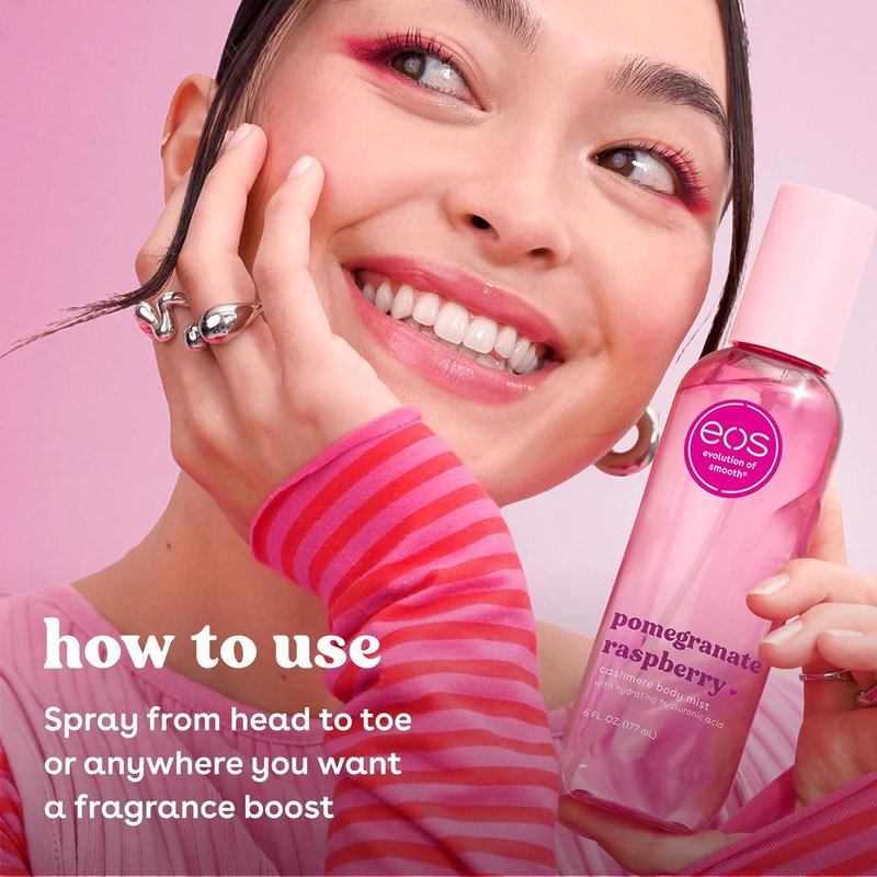 EOS Cashmere Body Mist - Pomegranate Raspberry Body Spray | Moisturizing Hair Mist with Hyaluronic Acid, 6 fl oz