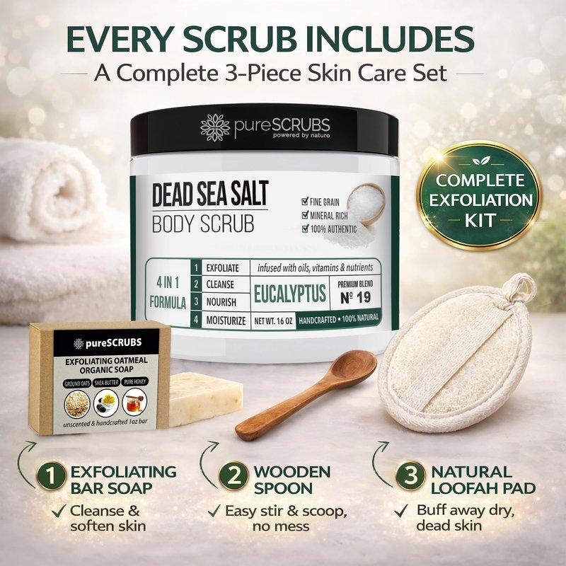 pureSCRUBS Premium Eucalyptus Body Scrub Set - Large 16oz Dead Sea Salt Body Scrub With Infused Essential Oils & Nutrients, Includes Wooden Spoon, Loofah & Oatmeal Exfoliating Bar Soap
