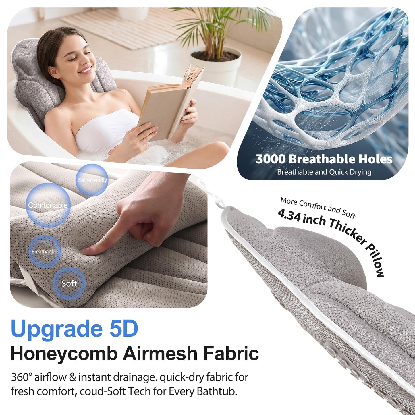 Full Body Bath Pillow for Bathtub, Thick 5D Air Mesh Luxury Spa Tub Cushion with Adjustable Lumbar Support, Extra Long Bathtub Pillow for Head and Neck Back, 192 Non-Slip Suction Cups, Gray, 56" x 19"