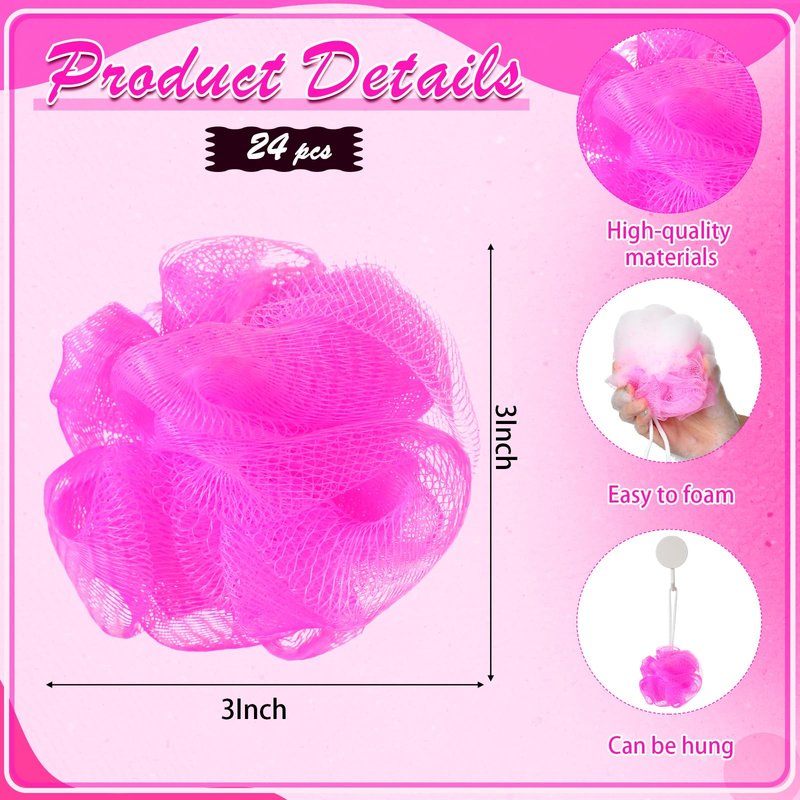Shellwei 24 Pcs 3 Inch Mini Loofah Travel Size Bulk Shower Sponge Pouf Mesh for Women Kids Men Exfoliating Body Scrubber Baby Shower Favor(Rose Red)