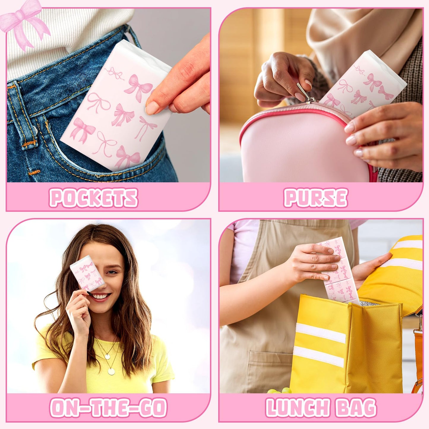 Therwen 20 Pack Pocket Tissues Travel Packs Bulk Weeding Party Favors Individual Small Tissue Packs Pocket Size Facial Hand Towels for Travel Outdoor Car Offices (Pink Bow)