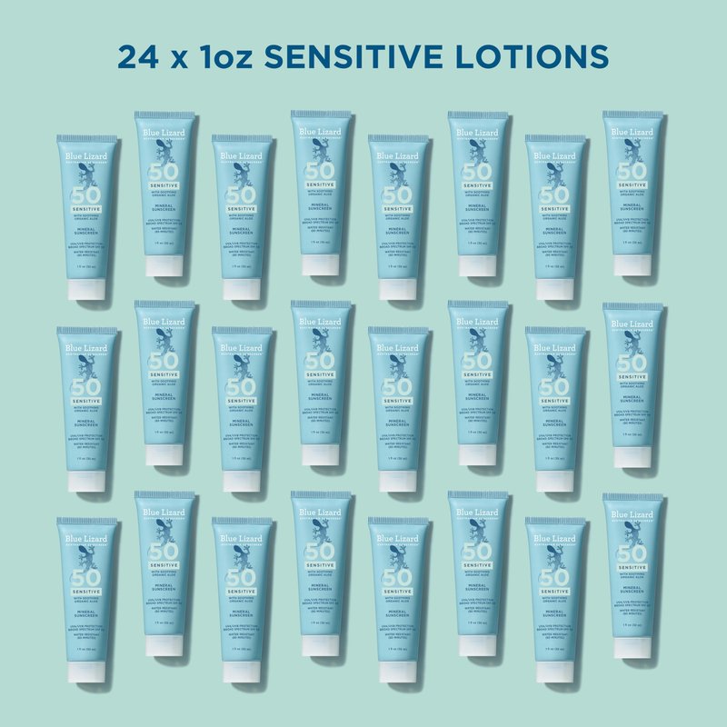 Blue Lizard Sensitive Mineral SPF 50 Sunscreen Lotion, 100% Mineral Active Sunscreen, Travel Size, UVA/UVB Protection, Infused with Organic Aloe Vera, We Love The Reef Formula, 1 fl oz, 24-Pack