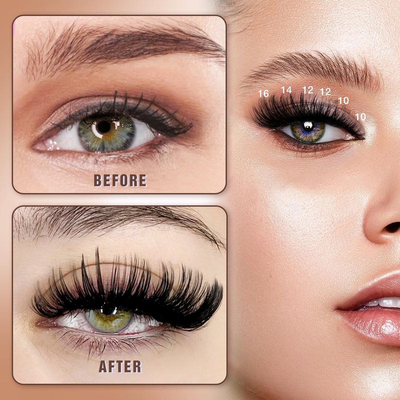 DIY Cluster Eyelash Extensions Kit - 224pcs Fluffy D Curl Lashes 9-16mm | Includes Bond, Seal & Tweezers