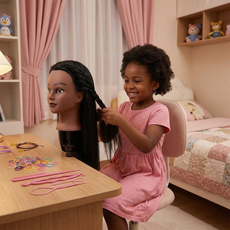 16 Inch 100% Real Hair Mannequin Head for Kids Braiding, Practice Training Doll Head for Hairstyle Styling Braiding Cosmetology (black-16)