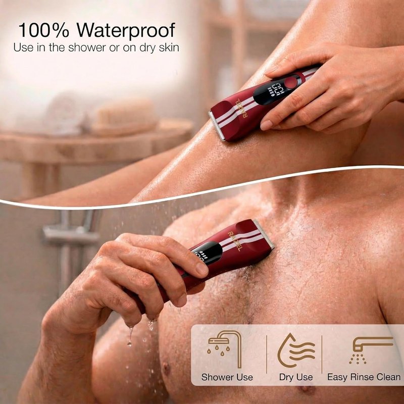 RAIZEL Electric Body Hair Trimmer - Waterproof Groin & Bikini Shaver | Cordless Wet/Dry with USB Dock (Red)