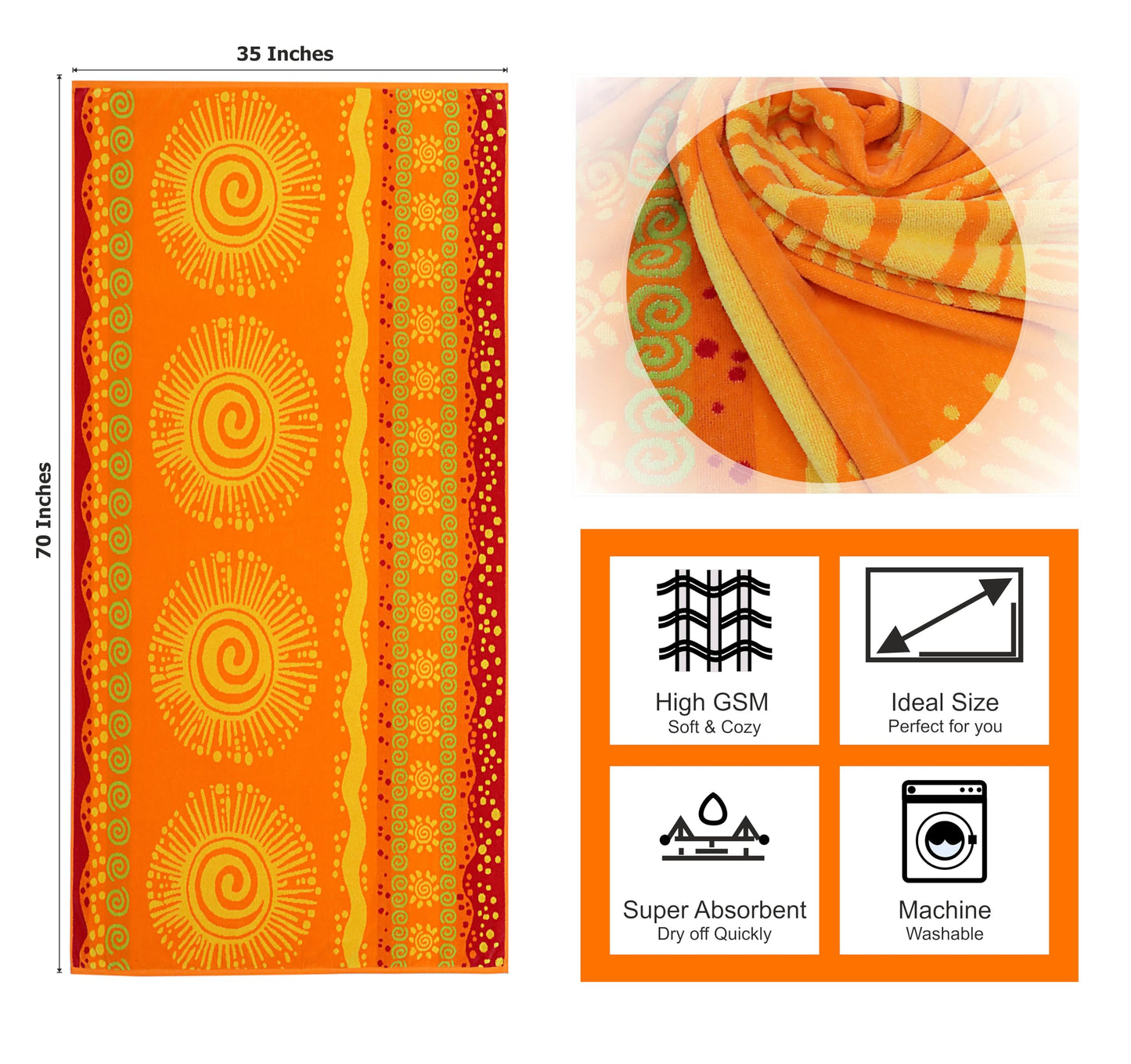 COTTON CRAFT Oversized Beach Towel - 2 Pack 35x70 XL Towels - 100% Cotton Big & Huge Pool Bath Towel - Plush Terry Jacquard Velour 450 GSM Super Soft Absorbent Luxury - Sunshine Orange Yellow