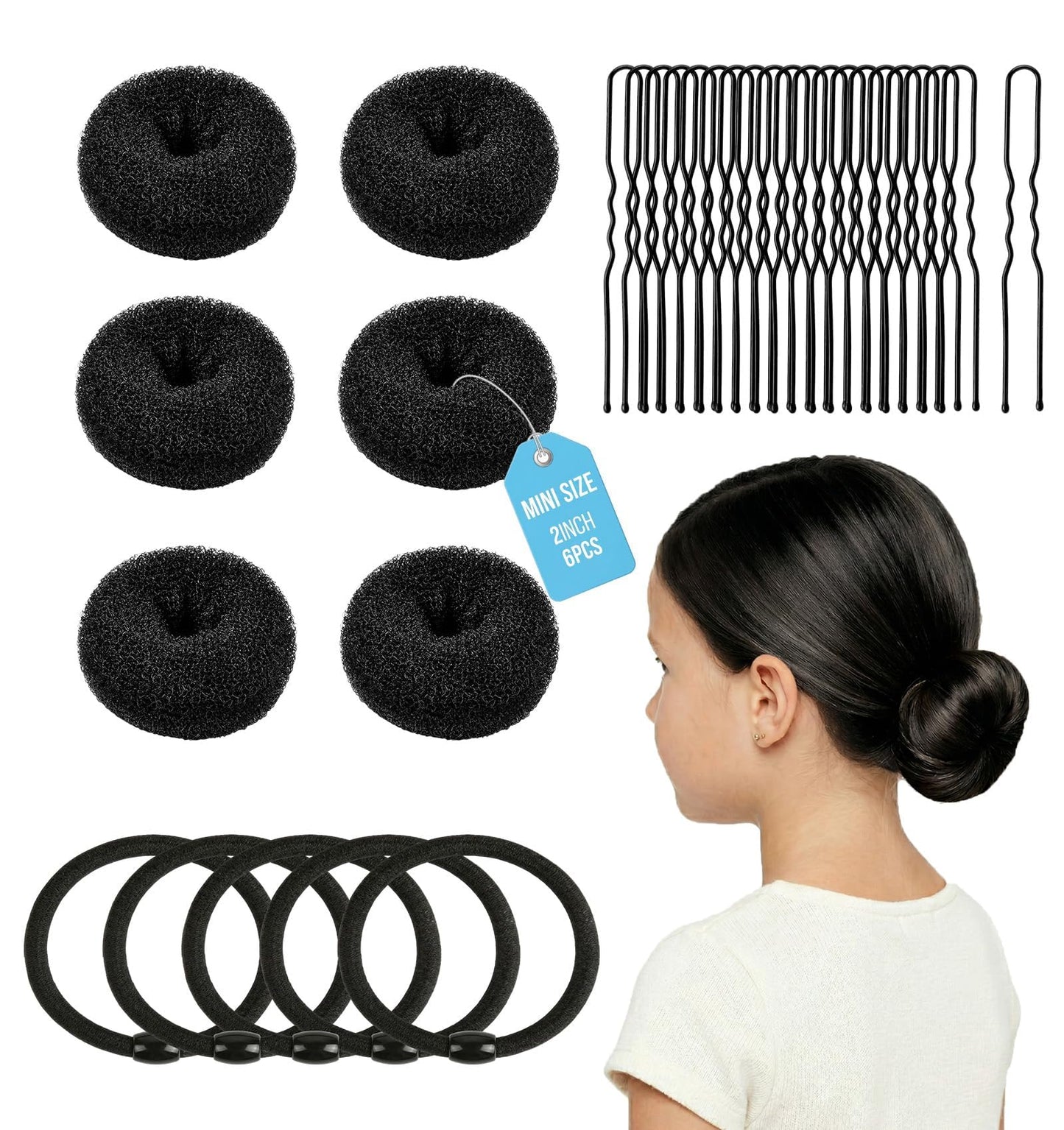 whisrvival 6pcs Small Hair Donut Bun Maker for Thin Fine Hair That Won't Slip, 30-Second Chignon Ring for Ballet Dancers Practice, Stays Hidden | Includes 5 Hair Ties and 20 U Pins (Black)
