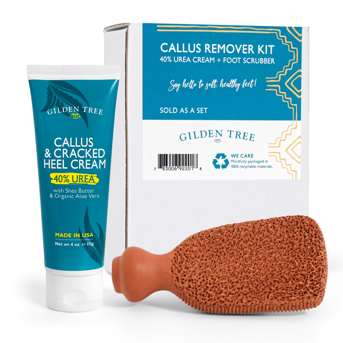 GILDEN TREE Foot Callus Remover Kit - 40% Urea Cream & Handmade Terra-Cotta Pumice Stone for Feet - Callus Remover for Feet with Shea Butter & Aloe Vera - Cracked Heel Treatment & Moisturizer