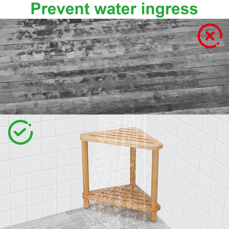 Dozesheep Bamboo Corner Shower Stool for Shaving Legs, Shower Bench for Inside Shower Foot Rest with 2-Tier Waterproof Storage Shelf for Inside Small Shower Spaces Bath Seat