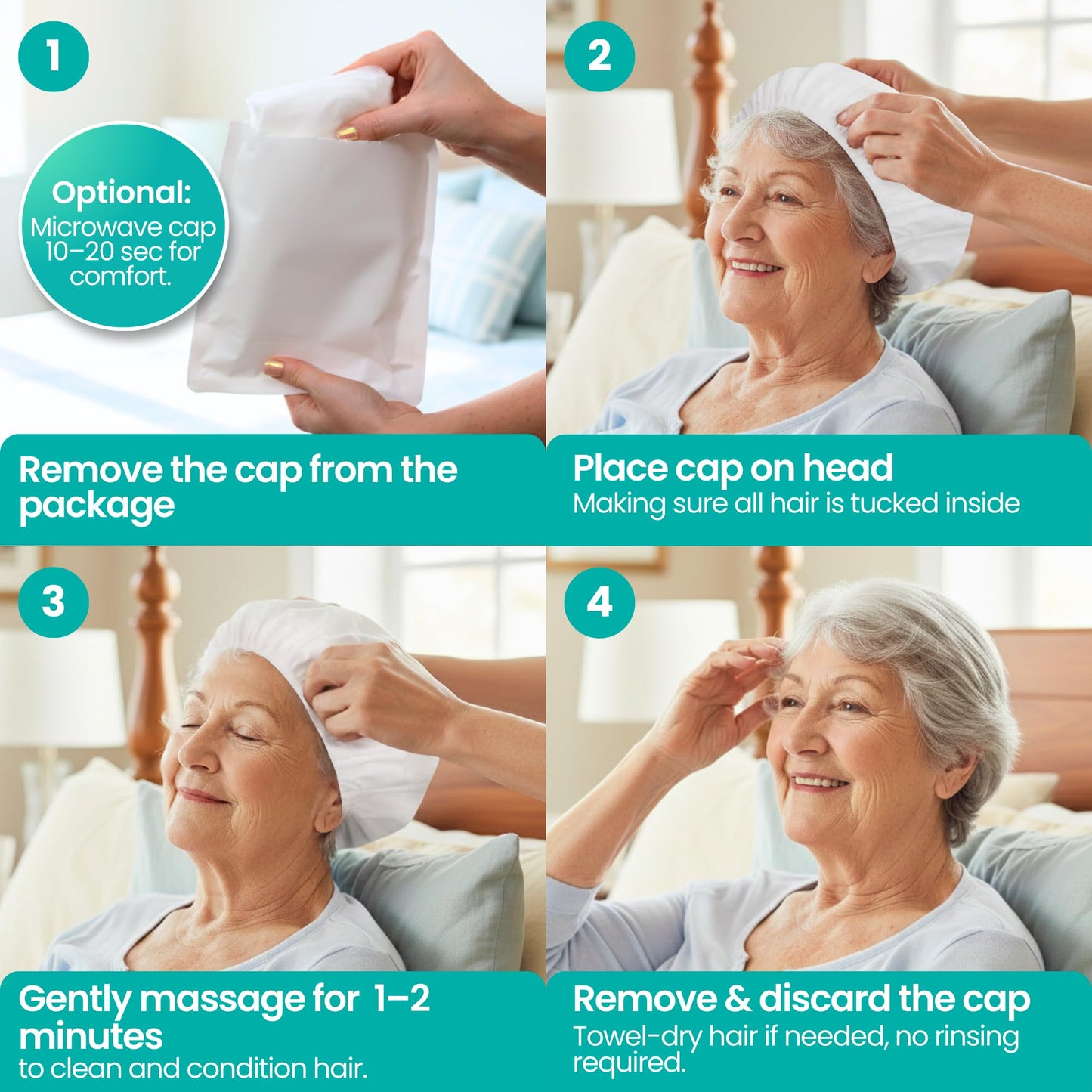 No-Rinse Shampoo & Conditioner Shower Cap, Waterless Hair Washing for Elderly, Bedridden, Hassle-Free Microwavable Hair Washing Cap infused with Aloe & Vitamin E – 6-Pack
