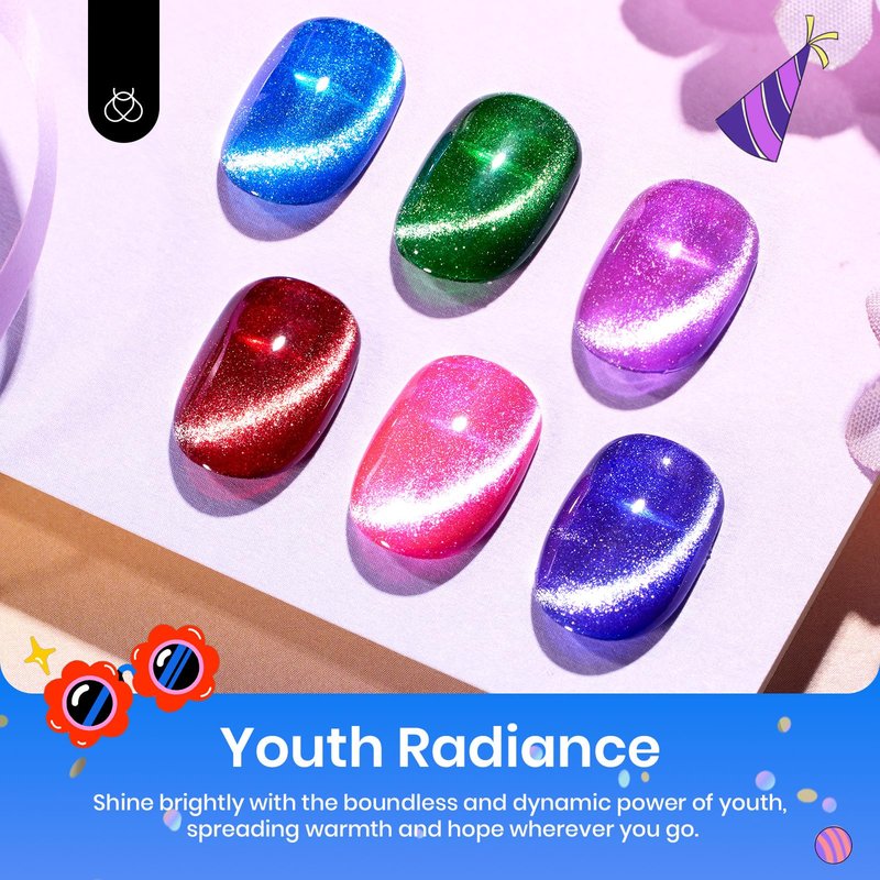 Beetles Cat Eye Gel Nail Polish, 6 Colors Cat Eye Glitter Gel Polish Set Neon Red Pink Purple Blue Green with Magnet Velvet Gel Kit Soak Off UV French Nail Art Manicure Spring Gift for Women