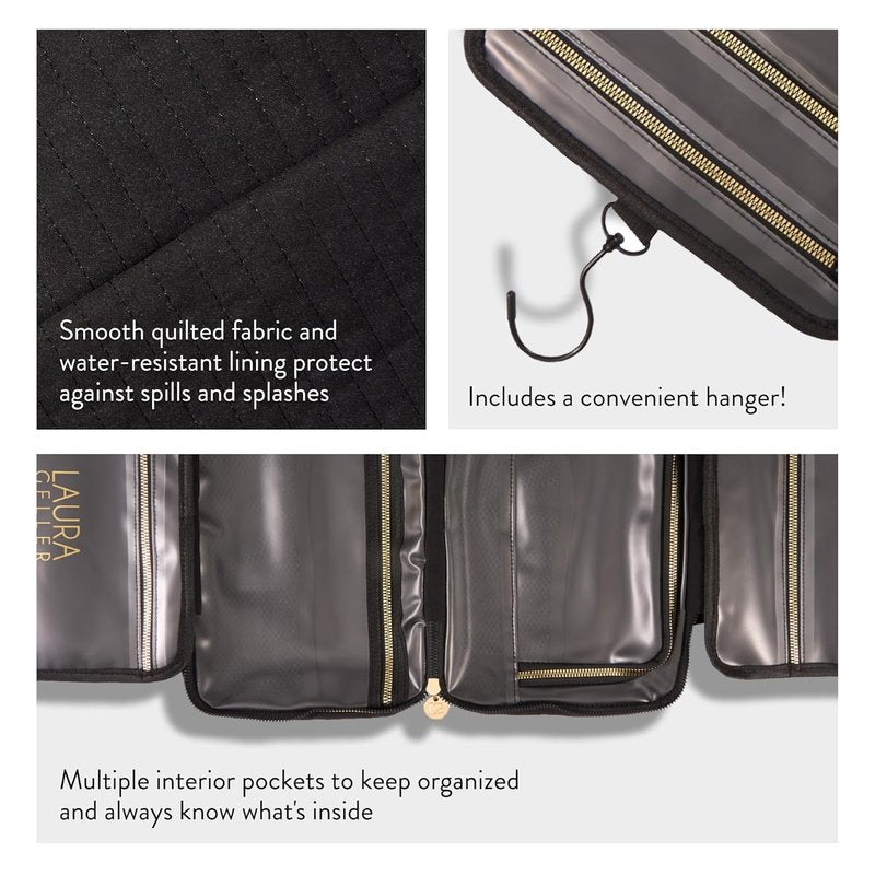 Laura Geller New York Quilted Travel Makeup Bag - Large Capacity Hanging Organizer in Black