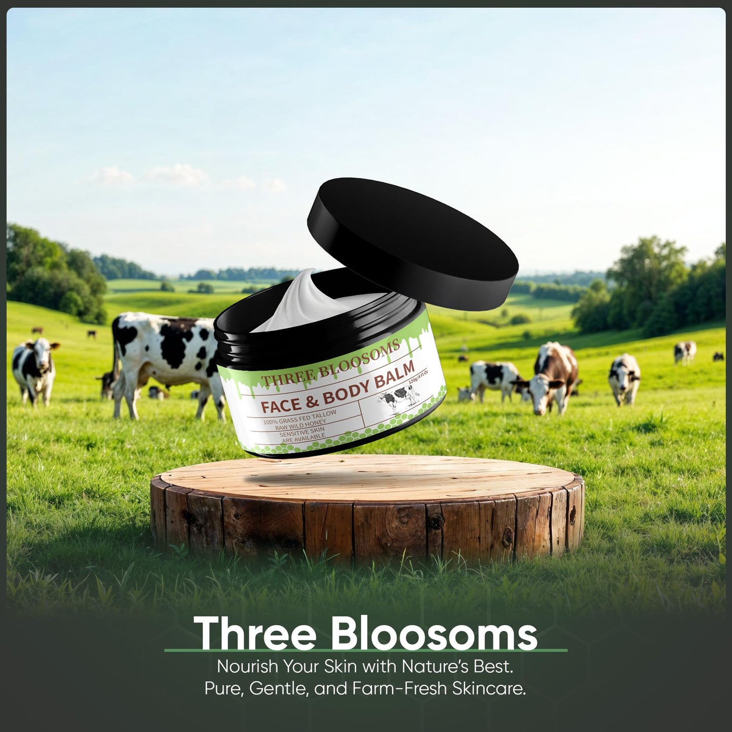 Three Bloosoms Organic Beef Tallow Balm for Face and Skin, 100% Natural Body Cream Moisturizing, Nurishing and Long Lasting, Anti-Wrinkle, Improves Skin Softness