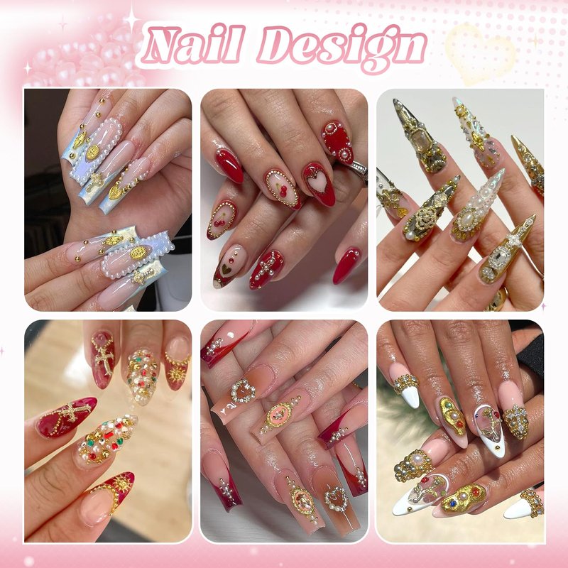 Flatback Pearls (White+Beige) and Metal Nail Beads (Silver+Gold) for Nail Art, Luxurious Pearl Nail Charms and Small Round Caviar Beads Nail Accessories for Acrylic Nail Tips Manicure Decor