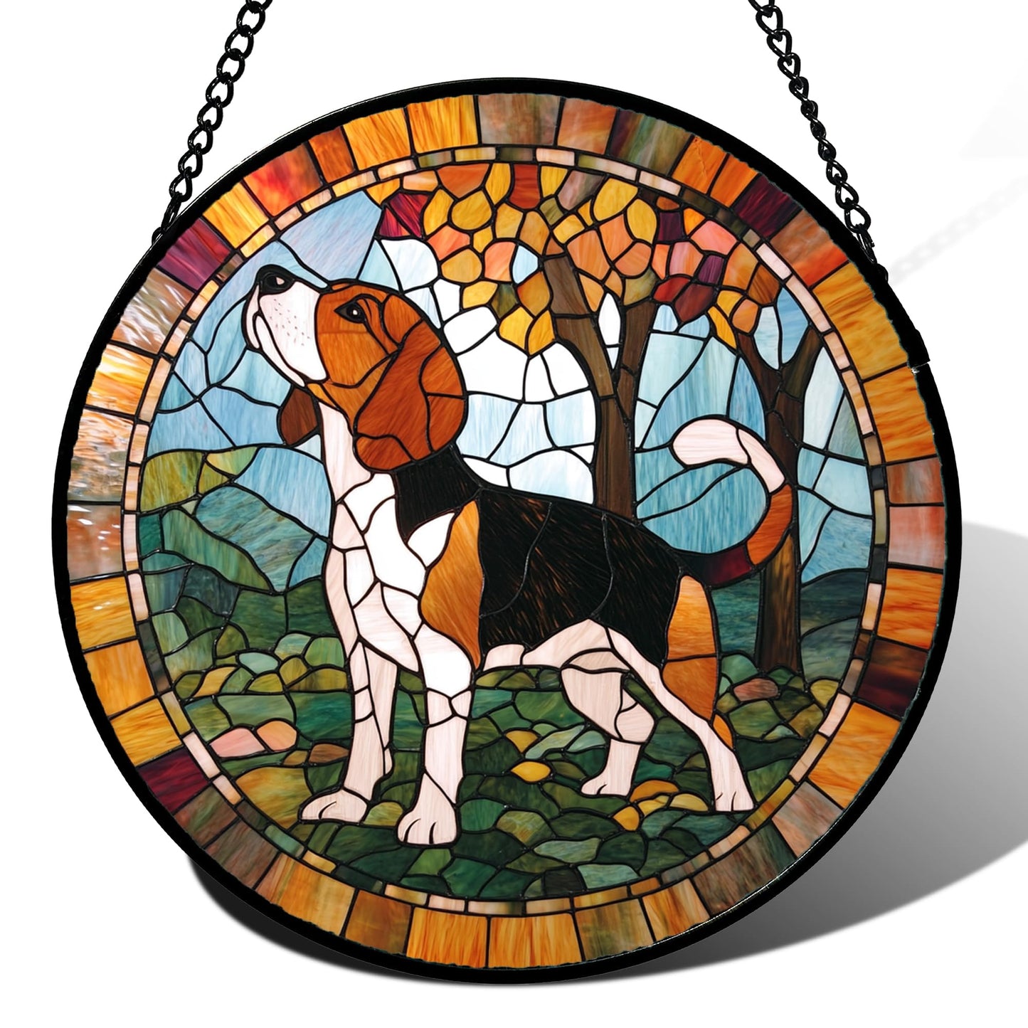 GEFOS Stained Glass Window Hanging Cute Dog Beagle Trees Large 11.8" - Suncatcher Door Garden Sunroom Sun Catcher Home Decor Birthday Christmas for Lost Pets Mom Men Woman Nana