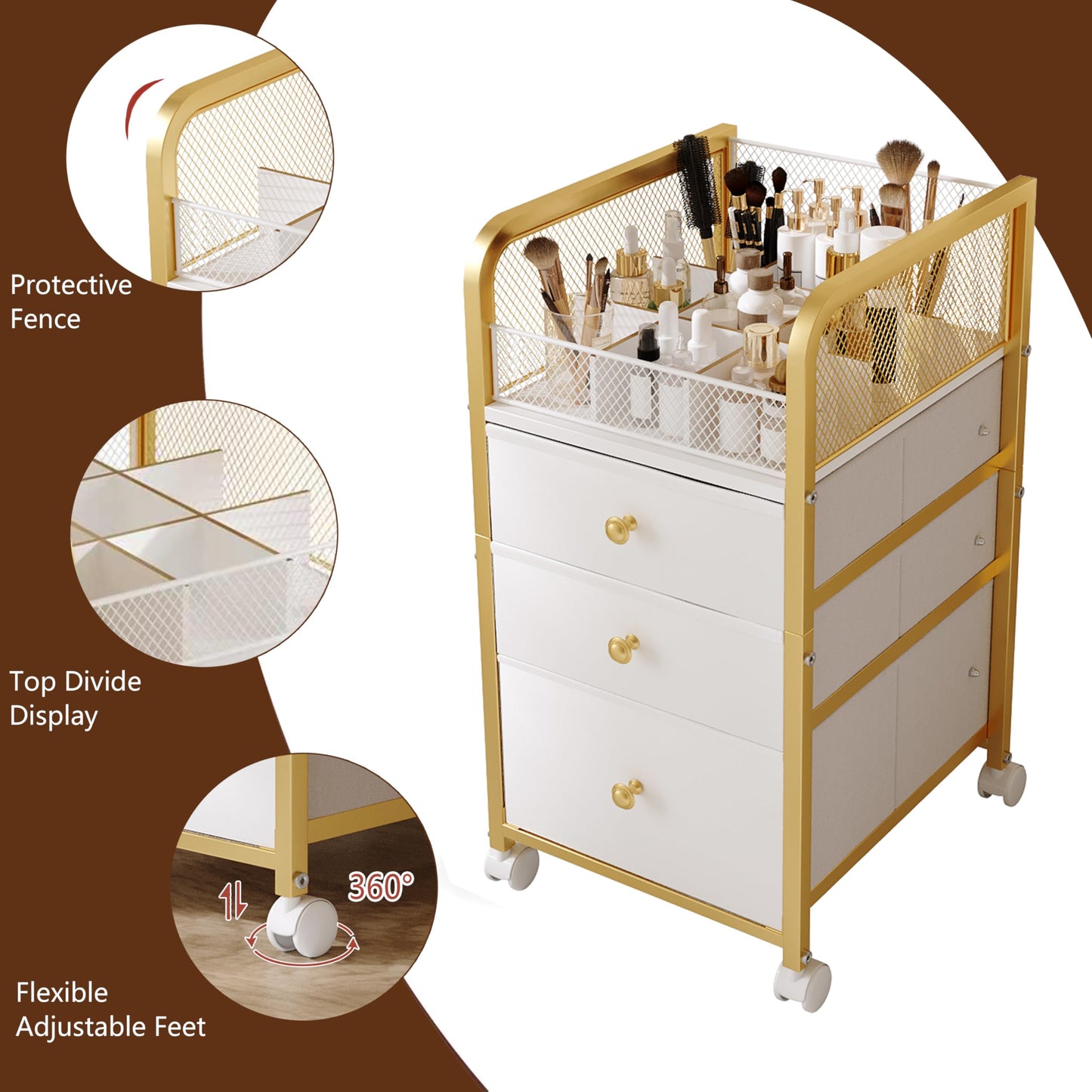 ZQUYAJ Rolling Makeup Organizer Cart with 3 Drawers, Under Desk Vanity Makeup Storage Cart, Bathroom Storage Cart Cosmetic Display Cases Cabinet for Nail Polish, Brushes & Hair Tools, Gold