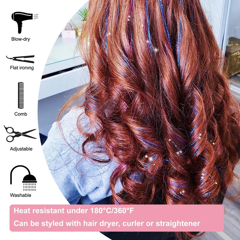 Skiennix Hair Tinsel Extensions - 20 Inch Glitter Clip-Ins | Pack of 18 for Kids & Women (Black)