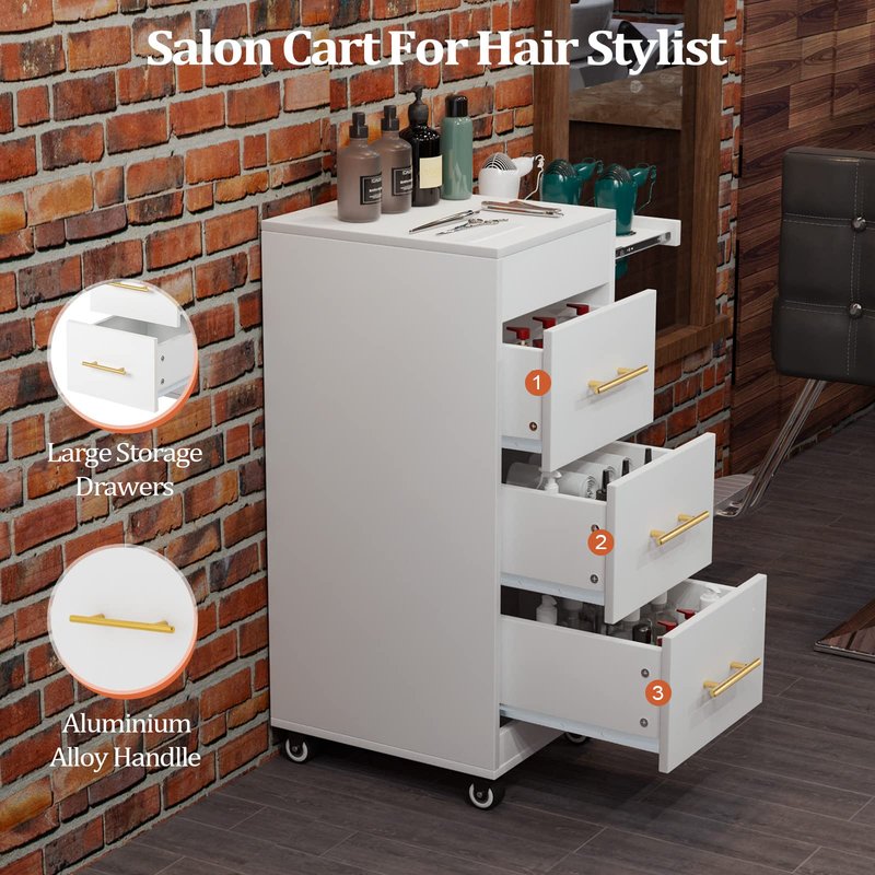 Salon Trolley Cart with Wheels, 3-Drawer Rolling Hair Styling Station, Mobile Beauty Trolley with Hot Tools Holder, Storage for Salon, Barbershop, Spa & Tattoo, White