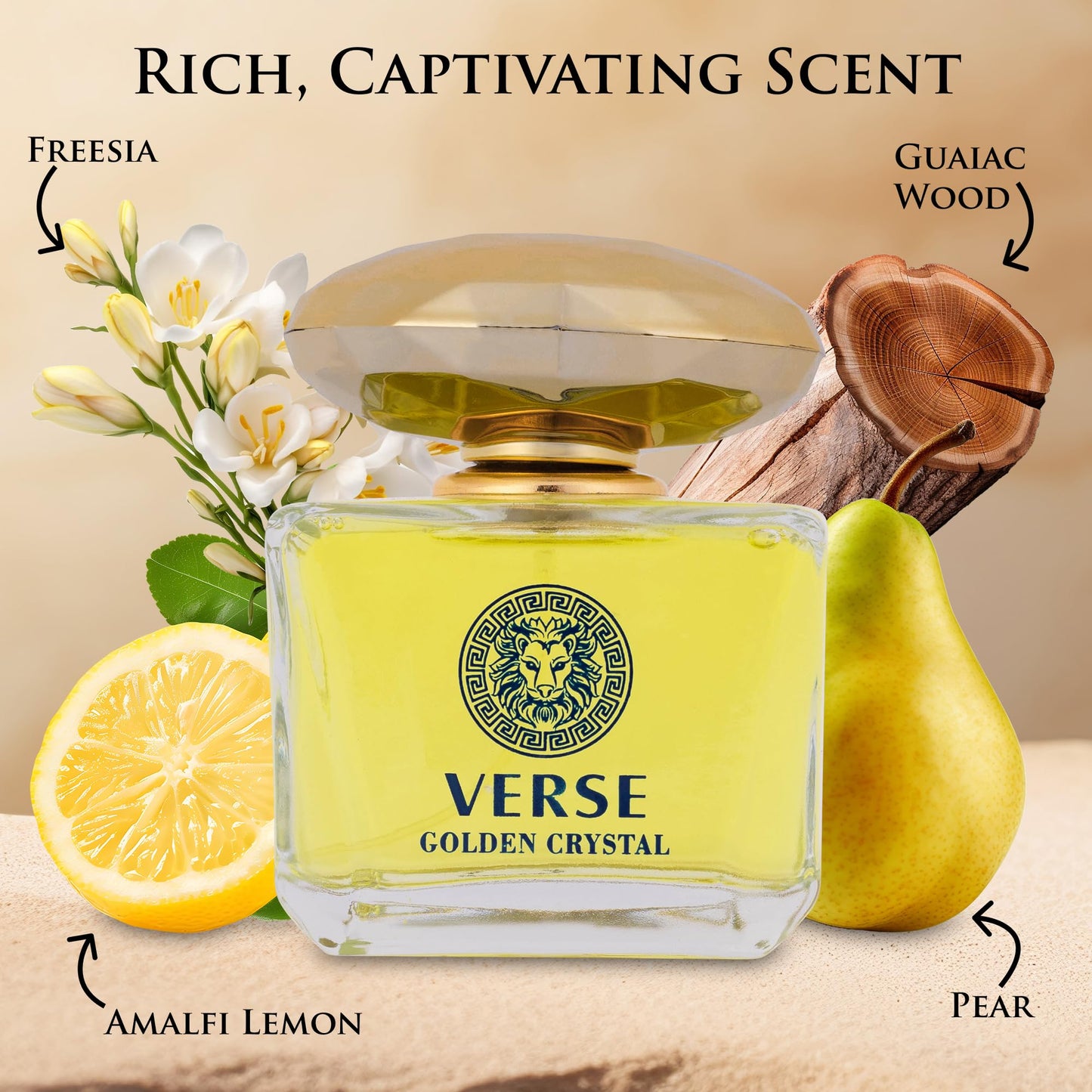 Verse Golden Crystal for Women 3.4 fl Oz - Floral Fruity Fragrance - Top Notes of Amalfi Lemon, Bergamot & Neroli - Base Notes of Guaiac Wood, Amber & Musk - Free of Parabens - Elegant 100ml Bottle