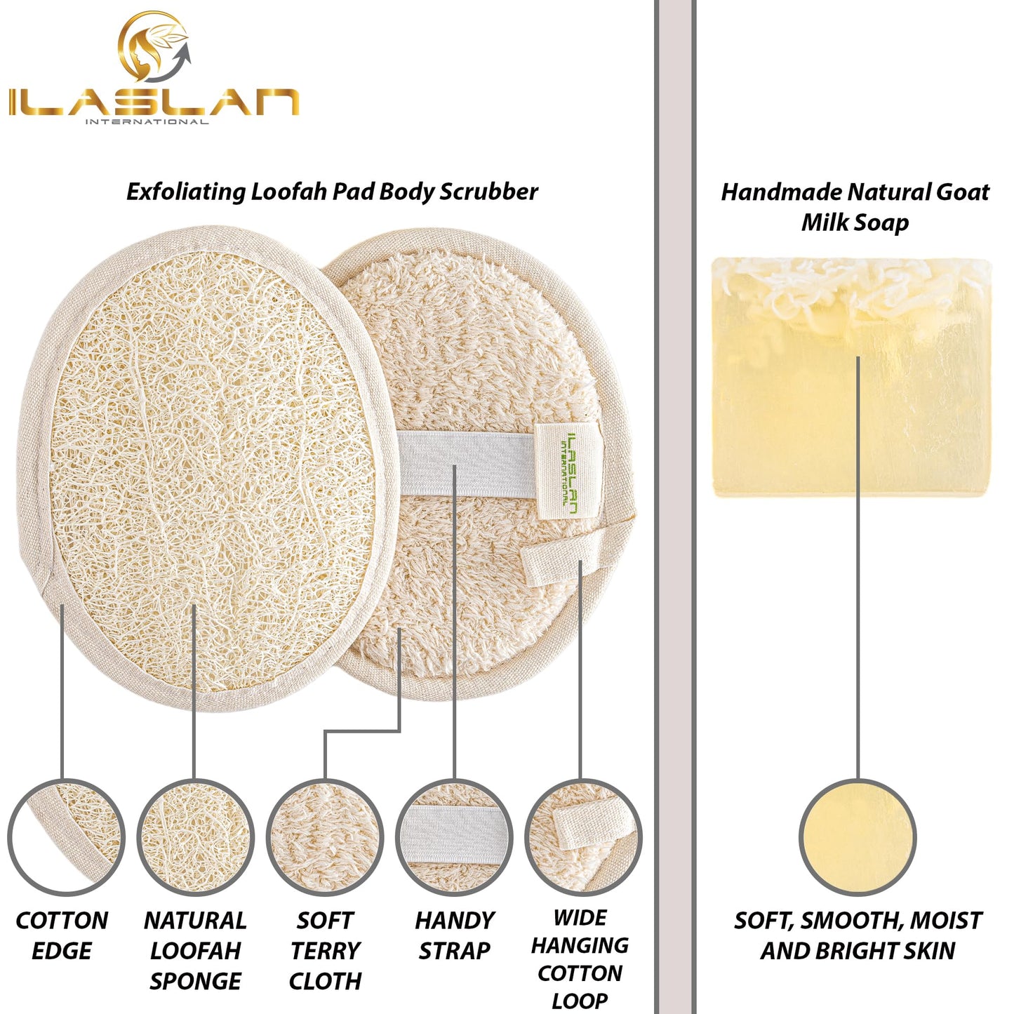 Natural Loofah for Men or Women, The Ultimate Men's Loofah Body Scrubber Made with Natural Egyptian Shower luffa Sponge, Bath Shower Sponge lufas for Men & Women, 2 Loofa Pads & 1 Goat Milk Bath Soap
