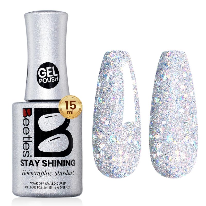 Beetles Glitter Gel Nail Polish - Holographic Stardust Diamond-Shine 15ml | Long-Lasting Silver Nail Art for Home Salon