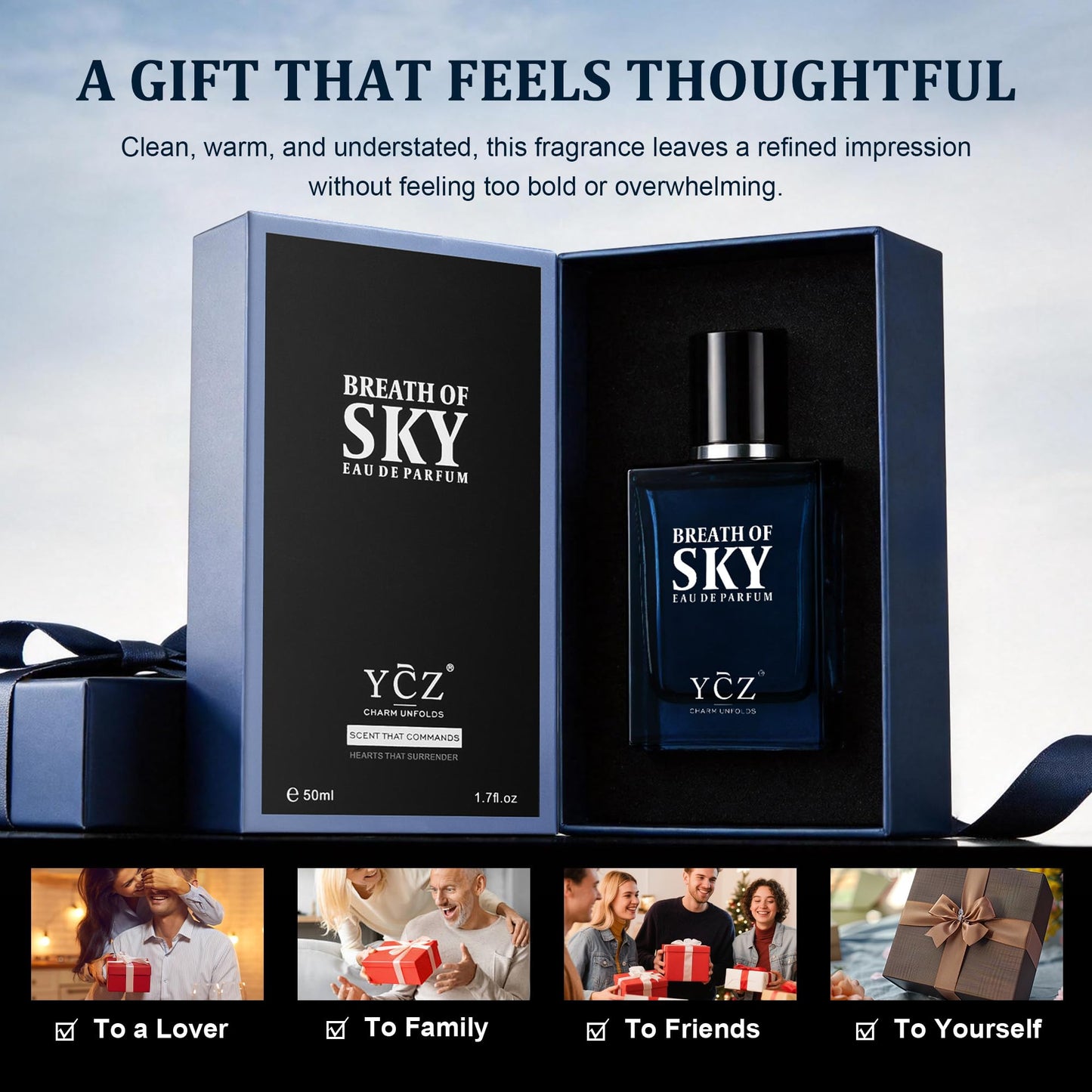 Ycz SKY Cologne for Men, 1.7oz Long-Lasting Eau de Parfum -Aromatic Woody Scent with Orange Blossom & Rose, Amber & Cedarwood Base, Fresh Masculine for Daily Wear, Date Night & Special Occasions