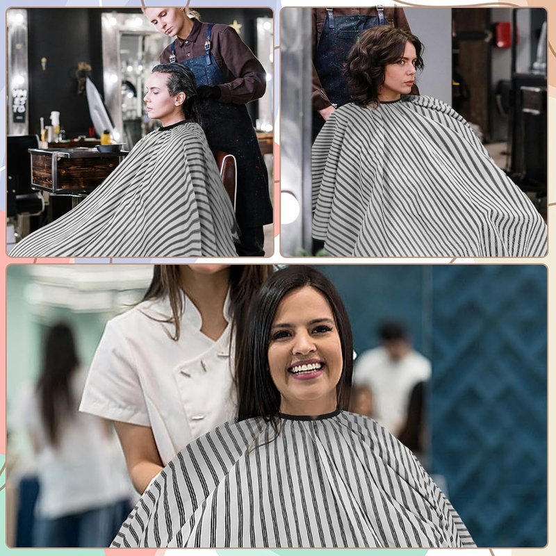 Professional Hair Cutting Cape - Large Salon Barber Cape with Neck Duster Brush | White with Five-Line Stripe