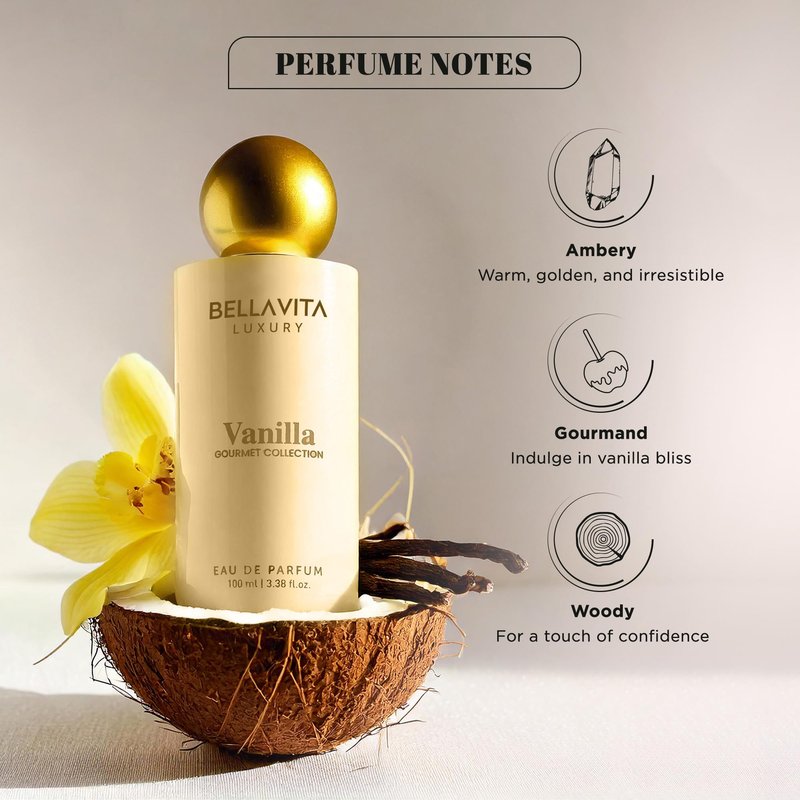Bellavita Luxury Vanilla Eau de Parfum | 100 ml (3.4 fl.oz.) | Perfume for Men and Women | Gourmet, Coconut, Vanilla and White Musk Notes | Long Lasting Unisex Fragrance