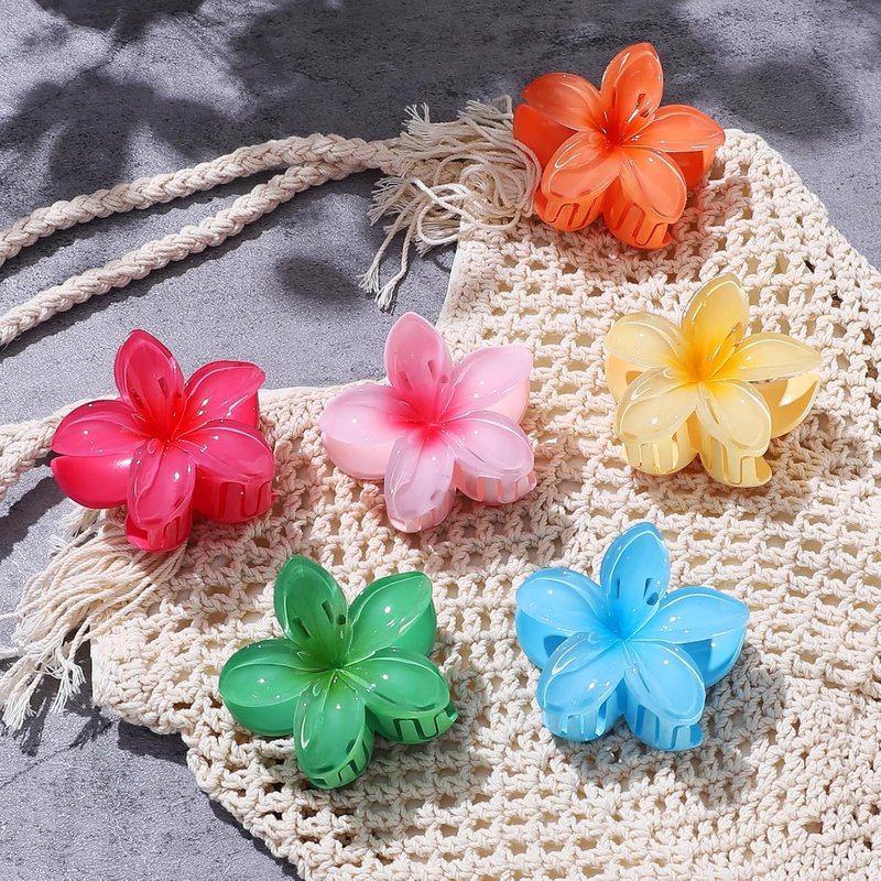 CHANDAT Flower Hair Clips 6 PCS Hawaiian Claw Clips for Vacation Hibiscus Hair Claw Clips Cute Large Hair Clips for Thick and Thin Hair Plumeria Hair Accessories for Women Girls - Blossom