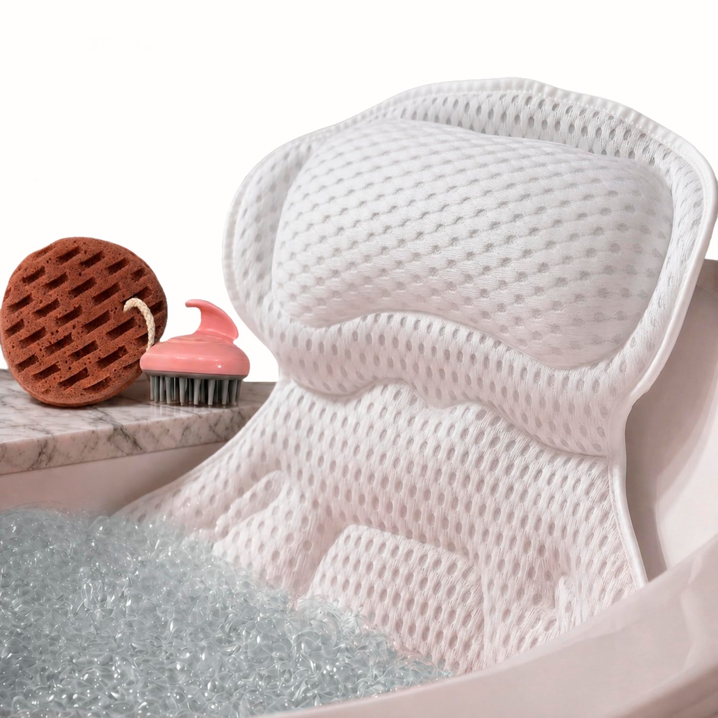 Luxury Bath Pillow for Tub – Neck & Back Support with Soft 4D Mesh, Non-Slip Suction Cups, Spa Gift Set with Exfoliating Sponge & Scalp Massager
