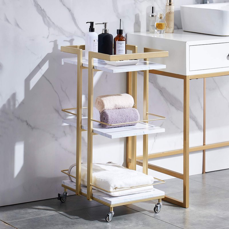 BarberPub Utility Salon Trolley, Metal Storage Rolling Barber Trolley with Wheels, Golden Esthetician Cart, Multi-Purpose 3-Tier Mobile Facial Trolley, Nail Cart 2033 (White)