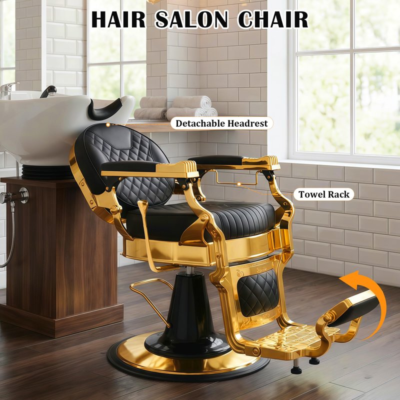 Luxitero Vintage Barber Chair Reclining Black Gold,Heavy-Duty Barbershop Chair,Retro Styling Hair Salon Chair, 550 lbs Capacity