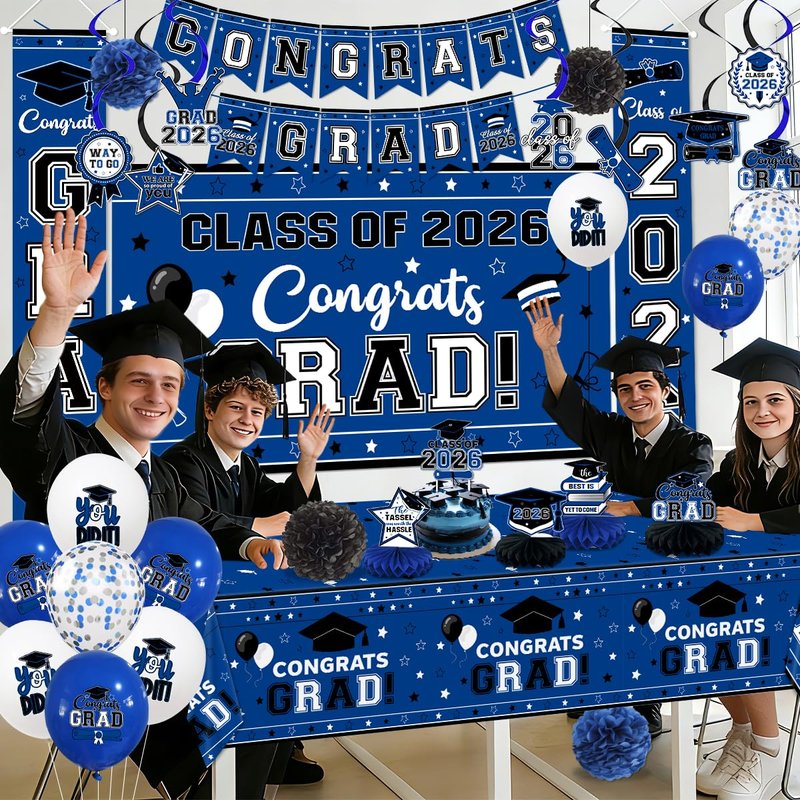 Graduation Decorations 2026 Blue Class of 2026 Congrats Grad Backdrop Door Banner Tablecloth Balloons Cake Topper Honeycombs Hanging Swirls for Graduation Party and High School College Celebrations