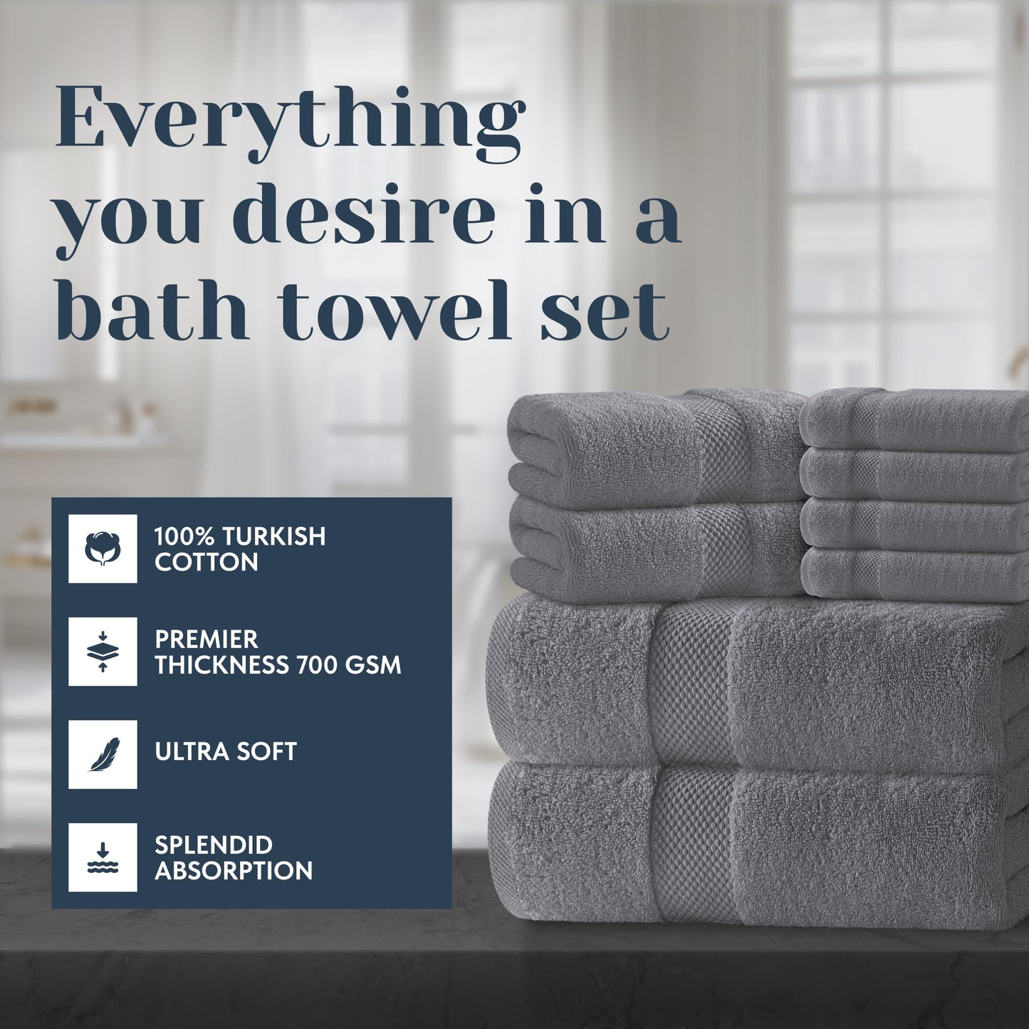 White Classic Luxury Bath Towel Set of 8 Pieces - 100% Turkish Cotton Highly Absorbent Towels for Bathroom, 2 Luxury Bath Towels 700GSM, 2 Hand Towels, 4 Washcloths, Dark Gray