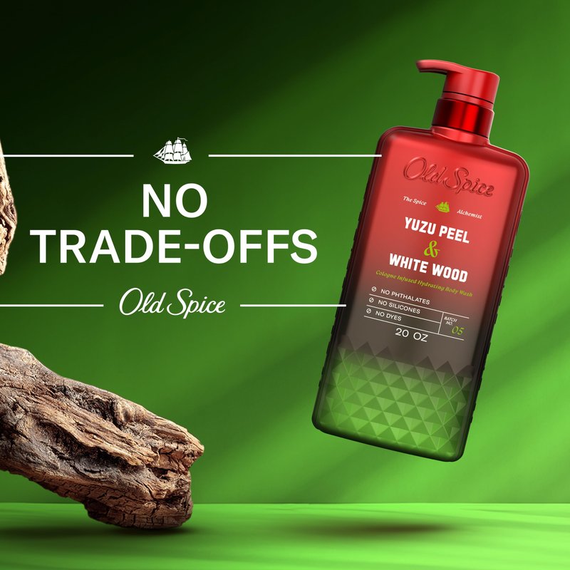 Old Spice Body Wash for Men, The Spice Alchemist Collection, 24/7 Cologne Infused Hydration, No Trade Off Formula, Free of Phthalates Silicones & Dyes, Yuzu Peel + White Wood Scent, 20 oz