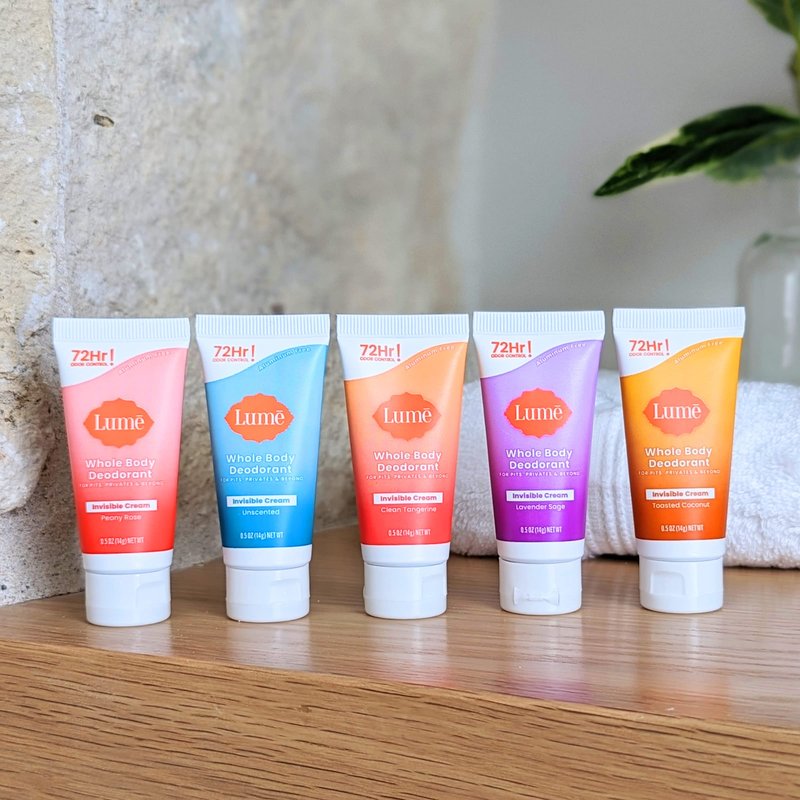 Lume Whole Body Deodorant 5 Pack Sampler - Invisible Cream Minis - 72 Hour Odor Control - Aluminum & Baking Soda Free (Clean Tangerine, Lavender Sage, Peony Rose, Toasted Coconut, Unscented)
