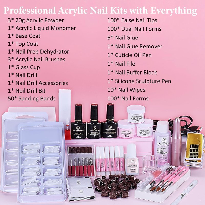 Skiennix Acrylic Nail Kit - 20g Clear White Pink Powder & Liquid Set for Beginners | Professional Tools for Home & Salon