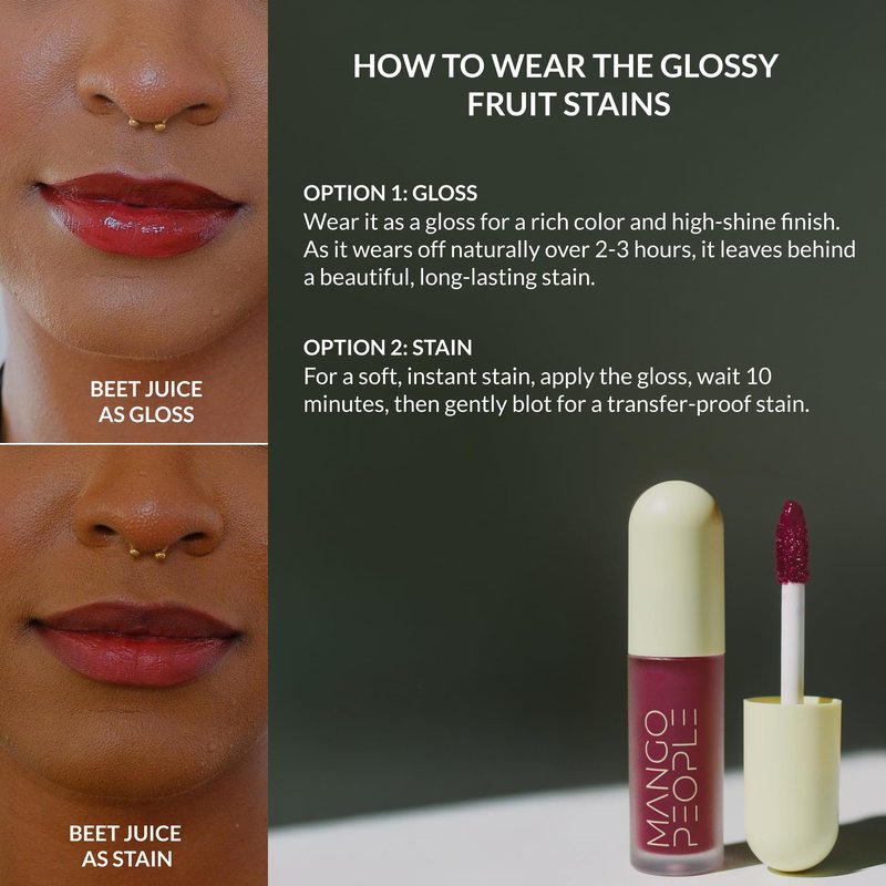 Mango People Hydrating Glossy Fruit Lip Stain, 2-in-1 Gloss to Long Lasting Stain, Tint & Oil Stain, Lightweight Lip Makeup with High-Shine Finish for Soft, Smooth and Nourished Lips, Beet Juice