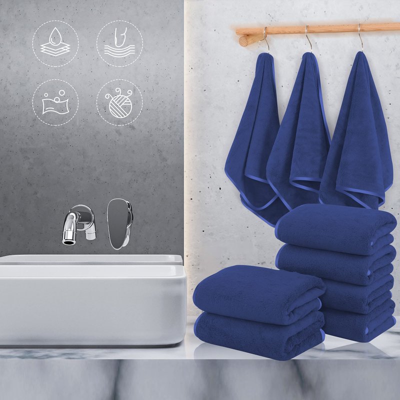 TENSTARS Silk Hemming Hand Towels for Bathroom - Quick Drying - Ultra Soft Microfiber Absorbent Towel for Bath Fitness, Gym, Shower, Hotel, and Spa - 16x28 Inch | Set of 6, Navy Blue