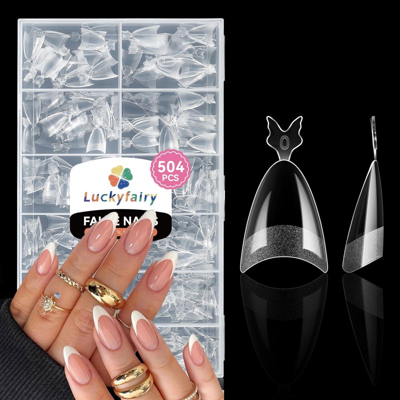 Luckyfairy Almond Nail Tips, 504PCS Pre Etched Half Cover Fake Nails Tips, 12 Sizes Medium Almond Shape Clear Soft Natural Acrylic Press On Gel Nail Extensions DIY Salon