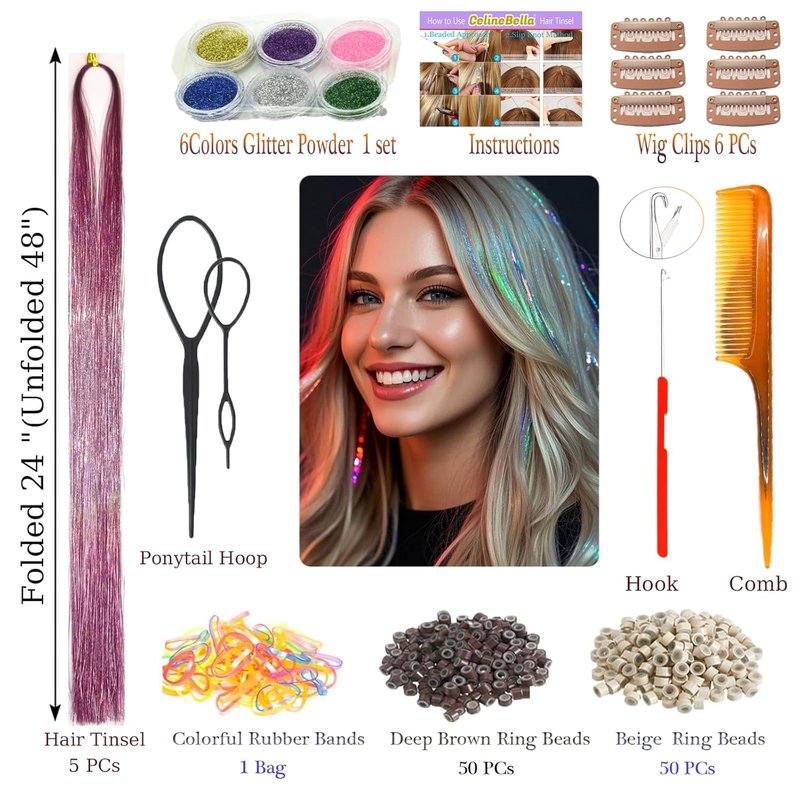 Celinebella Bubblegum Pink Glitter Hair Extensions - 48 Inch Heat-Resistant Strands for Prom & Events
