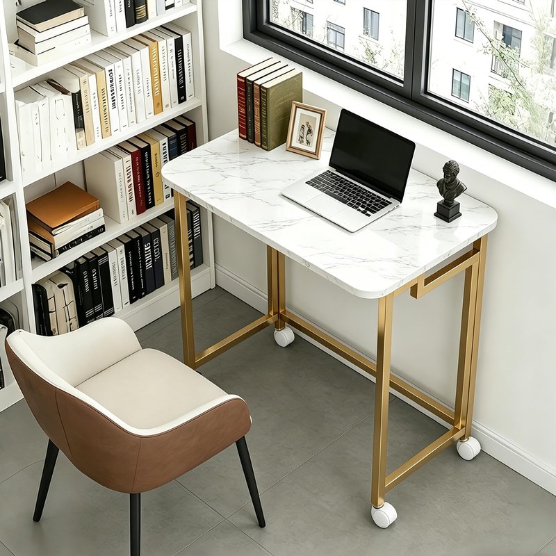 JSB Small Folding Computer Desk with Storage Bag and Hook Writing Modern Industrial Work Table Laptop for Home Office White (White&Gold, 23.6")