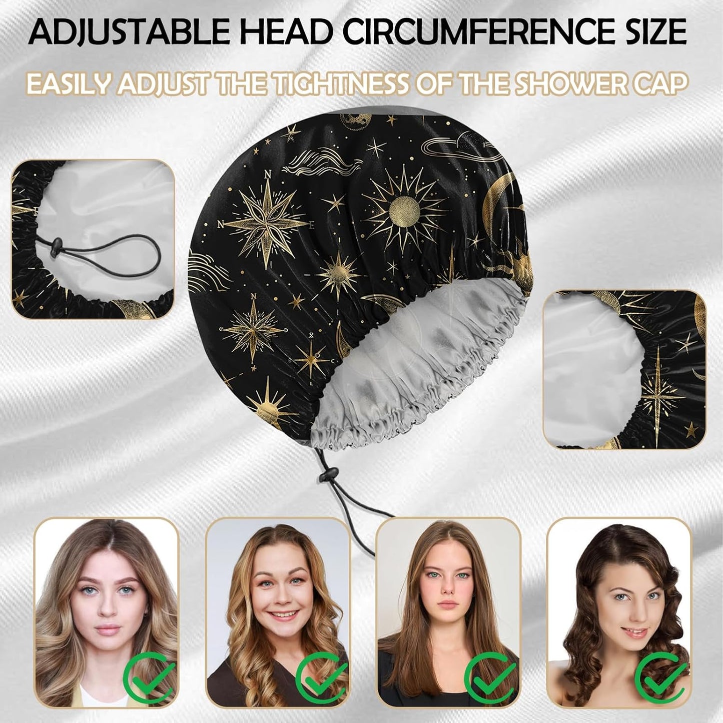 Skiennix Reusable Shower Cap - Waterproof Double Layer Design for Dry Hair | Aesthetic Sun & Moon Leaf Print - 2 Pack
