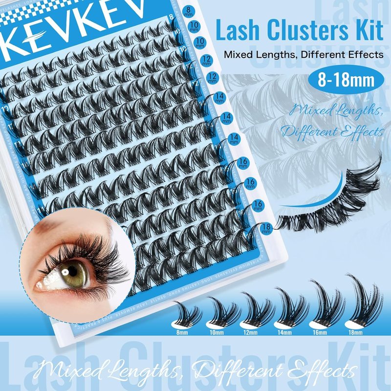 KEVKEV Lash Clusters Kit - 144pcs Manga Lashes with Thin Bands | DIY Eyelash Extensions 8-18mm