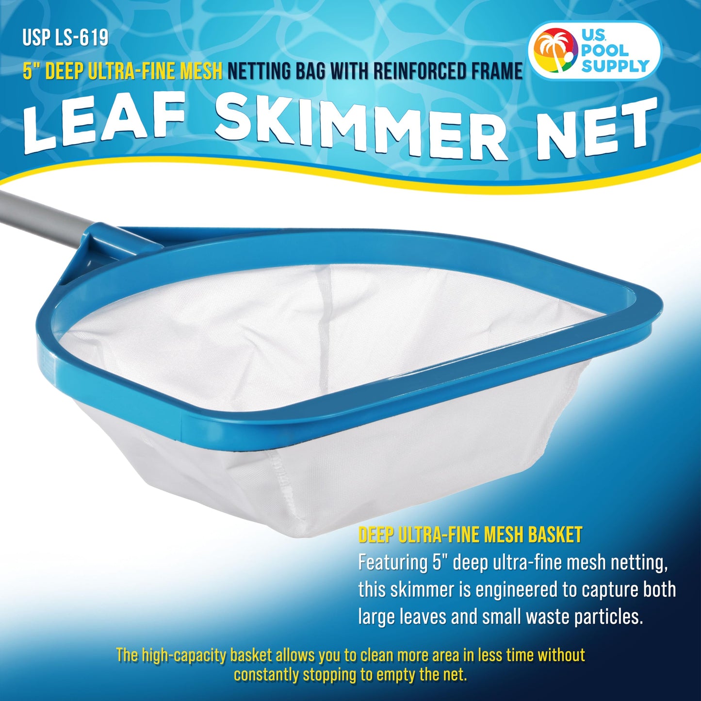 U.S. Pool Supply Pool and Spa Skimmer Net with Pole, 30" Long Handheld Ultra-Fine Mesh Pool Skimmer Net - Hand Held Spa, Hot Tub, Pond Cleaning - 17" Pole Handle, Deep Leaf Netting, Scoop Skim Leaves