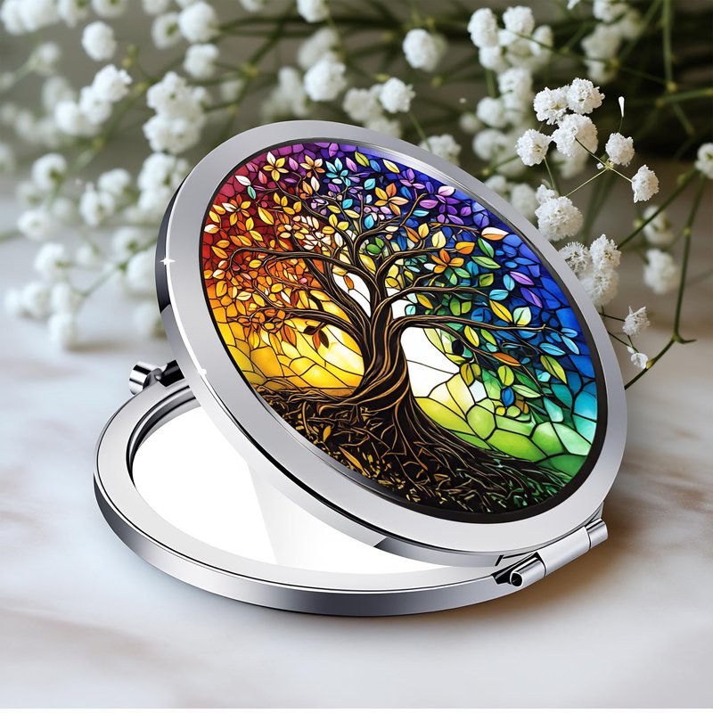 Silver Compact Mirror, 2.8x2.8inch Double-Sided Folding Makeup Mirror with Rainbow Tree of Life Design, Ideal Gift for Women