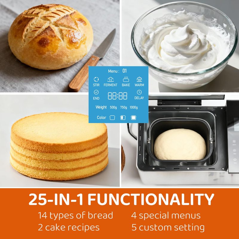 25-IN-1 Automatic Bread Machine | 2lb Size with Visible Lid, Auto Nut Dispenser, One-Touch Display, 13-Hour Delay Timer & Recipes – Easy to Use, High Success for Homemade Bread. Dark Gray